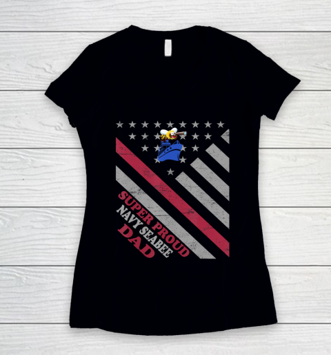 Father gift shirt Vintage Flag American Veteran Super Proud Navy Seabee Dad T Shirt Women's V-Neck T-Shirt