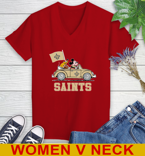 NFL Football New Orleans Saints Pluto Mickey Driving Disney Shirt Women's V-Neck T-Shirt 12
