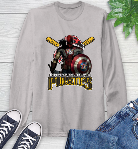 MLB Captain America Thor Spider Man Hawkeye Avengers Endgame Baseball Pittsburgh Pirates Long Sleeve T-Shirt 12