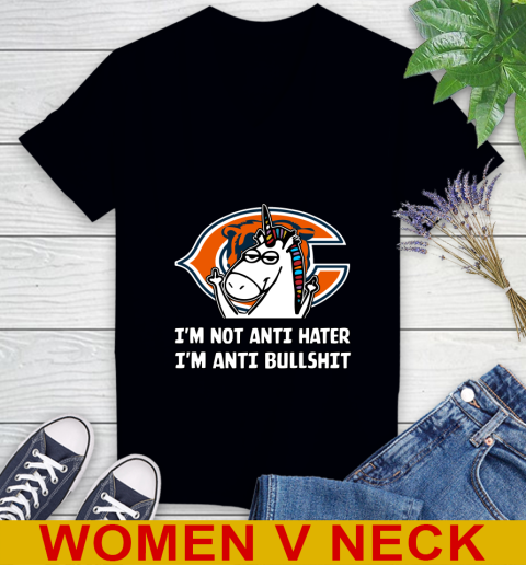Chicago Bears NFL Football Unicorn I'm Not Anti Hater I'm Anti Bullshit Women's V-Neck T-Shirt 2