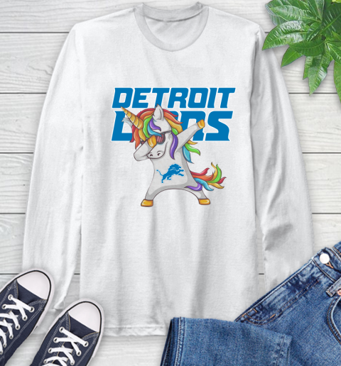 Detroit Lions NFL Football Funny Unicorn Dabbing Sports Long Sleeve T-Shirt
