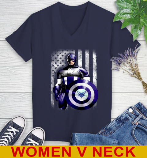 Charlotte Hornets NBA Basketball Captain America Marvel Avengers American Flag Shirt Women's V-Neck T-Shirt 12