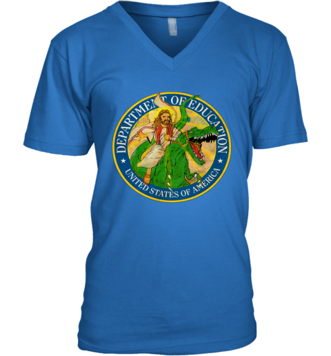 qgjn department of education badass jesus riding a dinosaur shirts v neck unisex 8 front royal