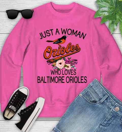 MLB Just A Woman Who Loves Baltimore Orioles Baseball Sports Youth Sweatshirt 3
