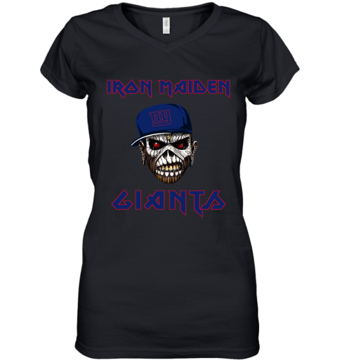 NFL New York Giants Iron Maiden Rock Band Music Football Sports HUkDvGlmJZ0 women v neck t shirt 39 95 151514 front black