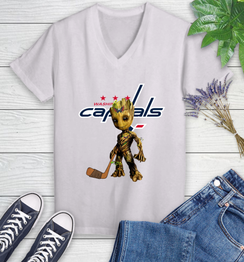 Washington Capitals NHL Hockey Groot Marvel Guardians Of The Galaxy Women's V-Neck T-Shirt