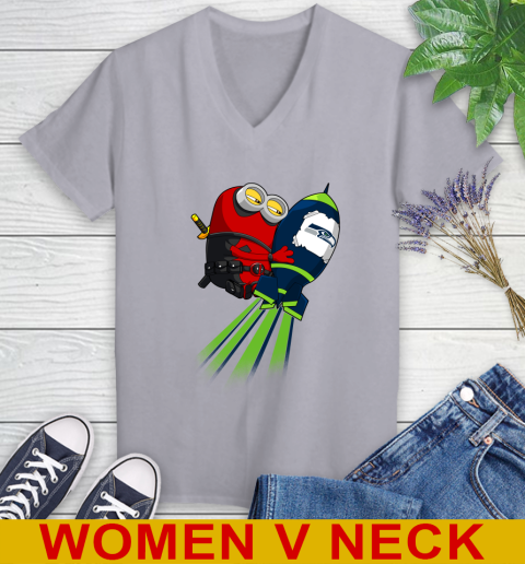 NFL Football Seattle Seahawks Deadpool Minion Marvel Shirt Women's V-Neck T-Shirt 4