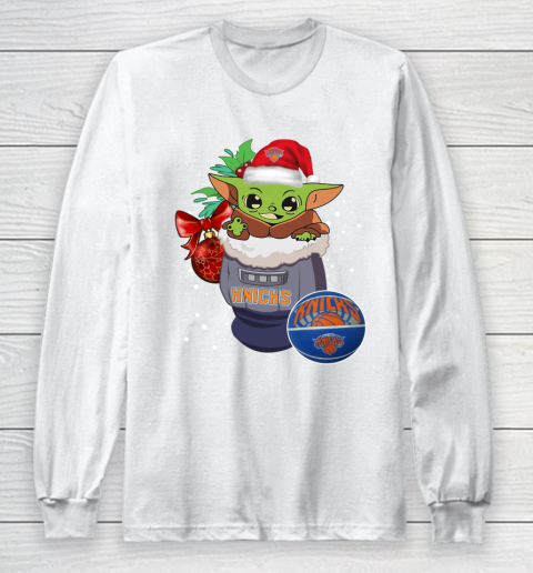 New York Knicks Christmas Baby Yoda Star Wars Funny Happy NBA Long Sleeve T-Shirt 2