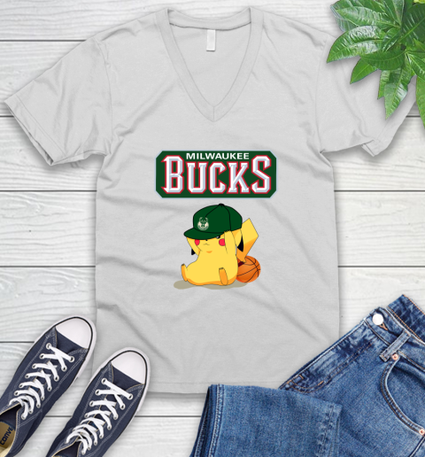 NBA Pikachu Basketball Sports Milwaukee Bucks V-Neck T-Shirt