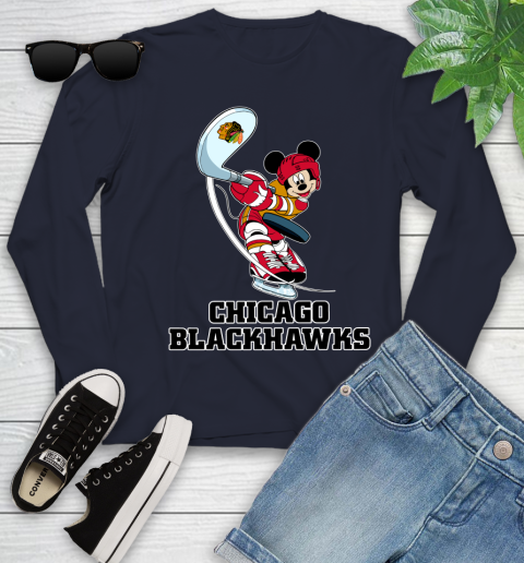 NHL Hockey Chicago Blackhawks Cheerful Mickey Mouse Shirt Youth Long Sleeve 3