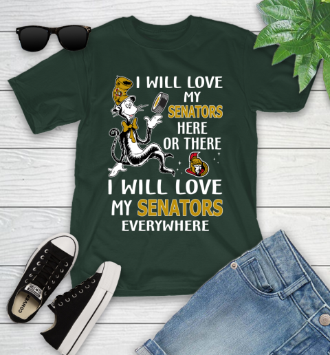 NHL Hockey Ottawa Senators I Will Love My Senators Everywhere Dr Seuss Shirt Youth T-Shirt 4