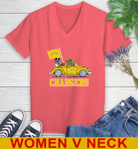 NFL Football Los Angeles Chargers Darth Vader Baby Yoda Driving Star Wars Shirt Women's V-Neck T-Shirt 7
