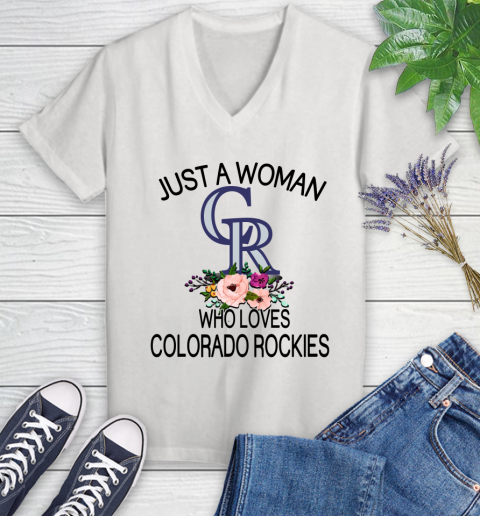 MLB Just A Woman Who Loves Colorado Rockies Baseball Sports Women's V-Neck T-Shirt