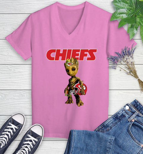 Kansas City Chiefs NFL Football Groot Marvel Guardians Of The Galaxy Women's V-Neck T-Shirt 14