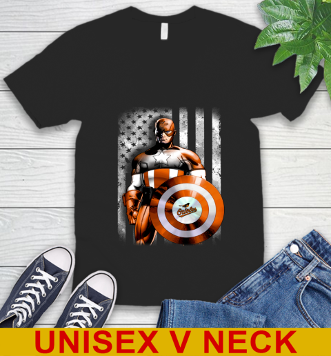 Baltimore Orioles MLB Baseball Captain America Marvel Avengers American Flag Shirt V-Neck T-Shirt