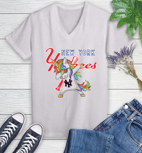 New York Yankees MLB Baseball Funny Unicorn Dabbing Sports Women's V-Neck T-Shirt