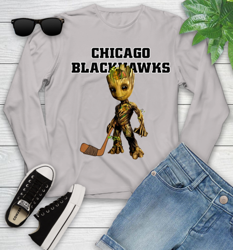 Chicago Blackhawks NHL Hockey Groot Marvel Guardians Of The Galaxy Youth Long Sleeve 12