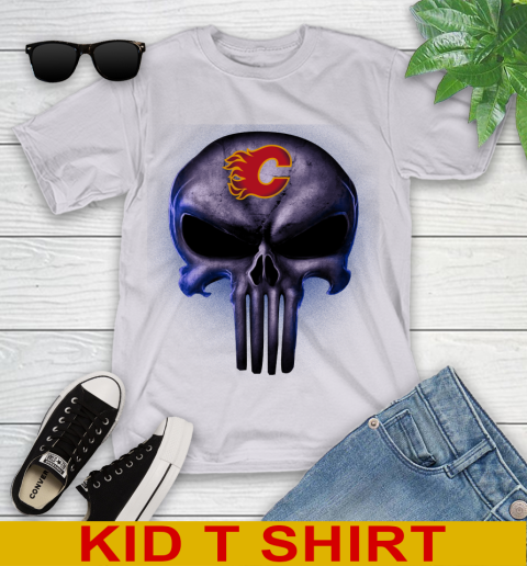 Calgary Flames NHL Hockey Punisher Skull Sports Youth T-Shirt 4