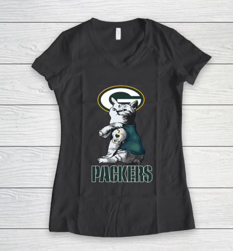 NFL Football My Cat Loves Green Bay Packers Women's V-Neck T-Shirt 6