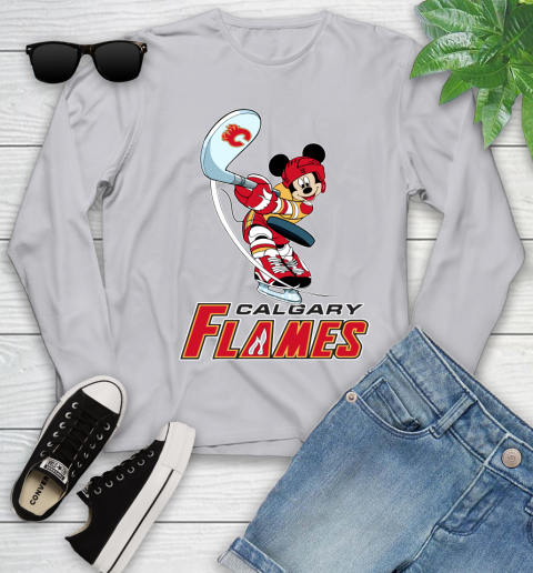 NHL Hockey Calgary Flames Cheerful Mickey Mouse Shirt Youth Long Sleeve 5