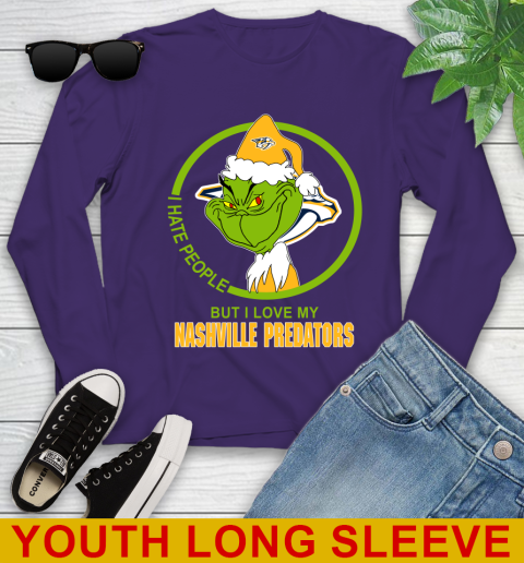 Nashville Predators NHL Christmas Grinch I Hate People But I Love My Favorite Hockey Team Youth Long Sleeve 5