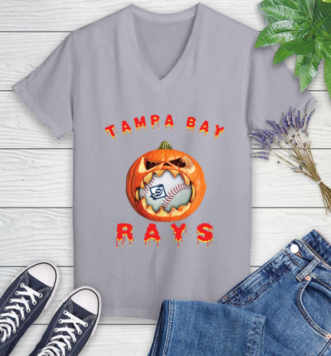 MLB Tampa Bay Rays Halloween Pumpkin Baseball Sports Women's V-Neck T-Shirt 4