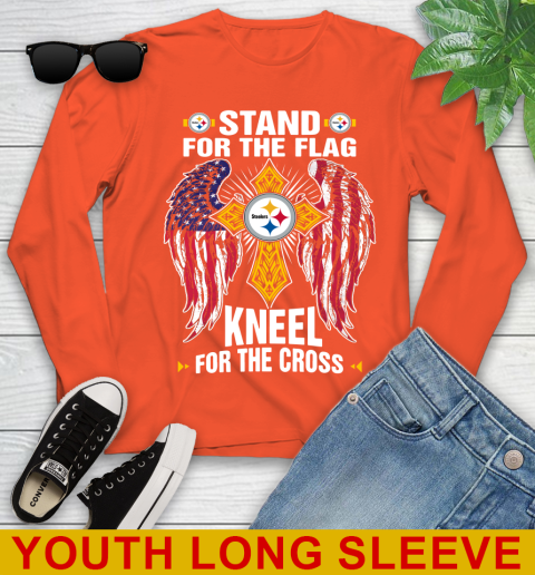 NFL Football Pittsburgh Steelers Stand For Flag Kneel For The Cross Shirt Youth Long Sleeve 3
