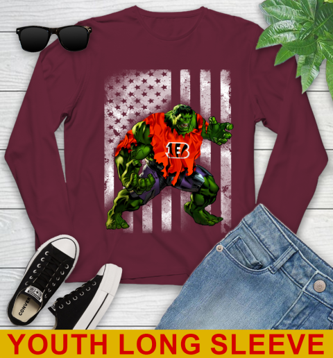 Cincinnati Bengals Hulk Marvel Avengers NFL Football American Flag Youth Long Sleeve 6