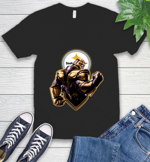 NFL Thanos Avengers Endgame Football Sports Pittsburgh Steelers V-Neck T-Shirt 2