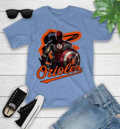 MLB Captain America Thor Spider Man Hawkeye Avengers Endgame Baseball Baltimore Orioles Youth T-Shirt 11