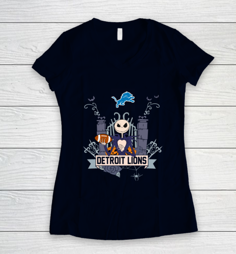 NFL Detroit Lions Football Jack Skellington Halloween Women's V-Neck T-Shirt 2