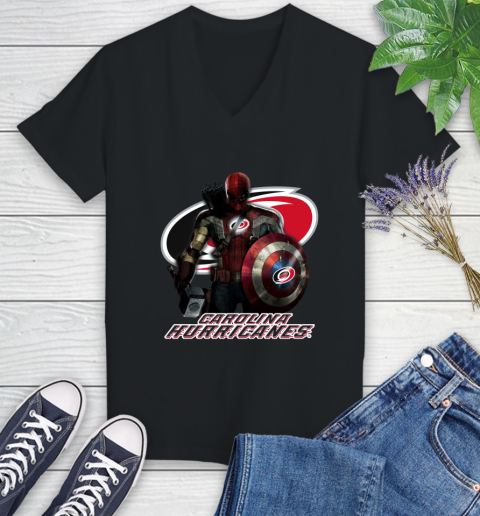 NHL Captain America Thor Spider Man Hawkeye Avengers Endgame Hockey Carolina Hurricanes Women's V-Neck T-Shirt 2