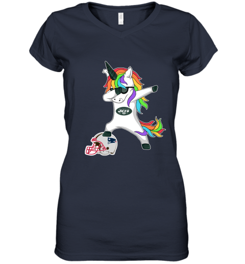Football Dabbing Unicorn Steps On Helmet New York Jets Women's V-Neck T-Shirt
