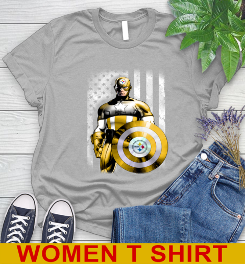 Pittsburgh Steelers NFL Football Captain America Marvel Avengers American Flag Shirt Women's T-Shirt 5