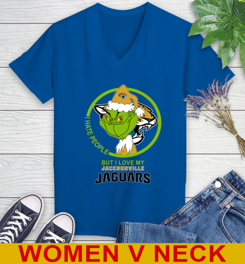 Jacksonville Jaguars NFL Christmas Grinch I Hate People But I Love My Favorite Football Team Women's V-Neck T-Shirt 11