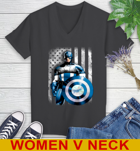Los Angeles Dodgers MLB Baseball Captain America Marvel Avengers American Flag Shirt Women's V-Neck T-Shirt 8