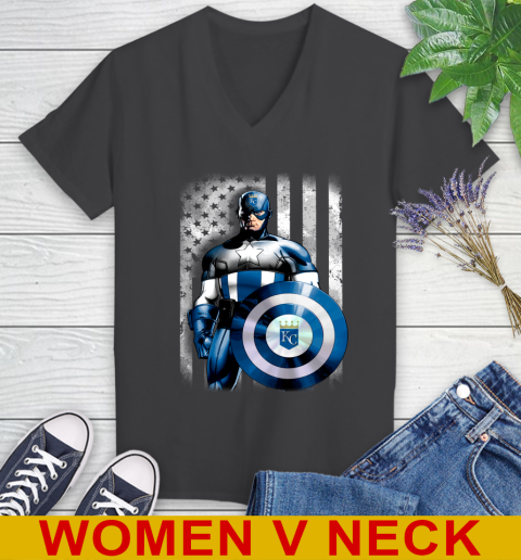 Kansas City Royals MLB Baseball Captain America Marvel Avengers American Flag Shirt Women's V-Neck T-Shirt 8