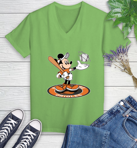 MLB Baseball Baltimore Orioles Cheerful Mickey Disney Shirt Women's V-Neck T-Shirt 9
