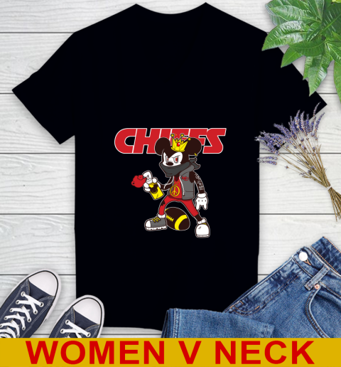Kansas City Chiefs NFL Football Mickey Peace Sign Sports Women's V-Neck T-Shirt 2