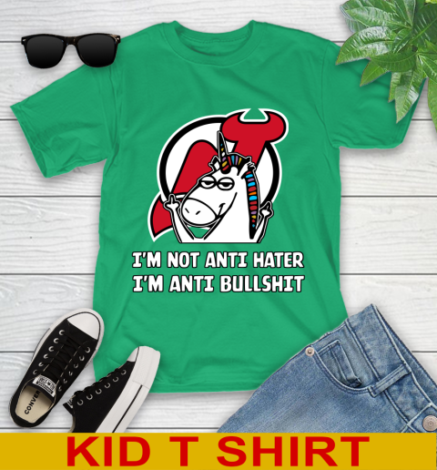 New Jersey Devils NHL Hockey Unicorn I'm Not Anti Hater I'm Anti Bullshit Youth T-Shirt 6