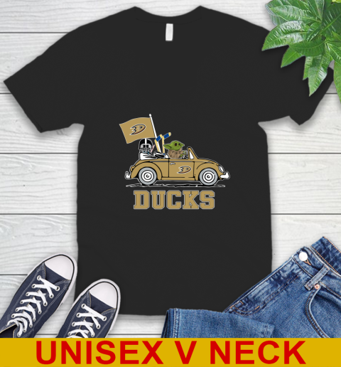 NHL Hockey Anaheim Ducks Darth Vader Baby Yoda Driving Star Wars Shirt V-Neck T-Shirt 2