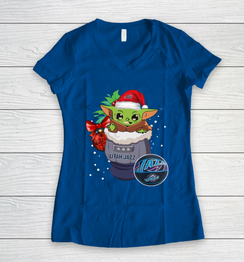 Utah Jazz Christmas Baby Yoda Star Wars Funny Happy NBA Women's V-Neck T-Shirt 9