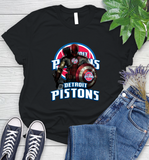 Detroit Pistons NBA Basketball Captain America Thor Spider Man Hawkeye Avengers Women's T-Shirt 2