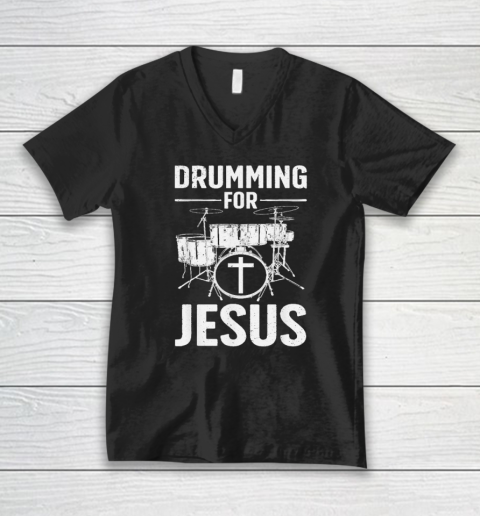 Best Drumming Art For Men Women Drummer Drum Drumming Jesus V-Neck T-Shirt