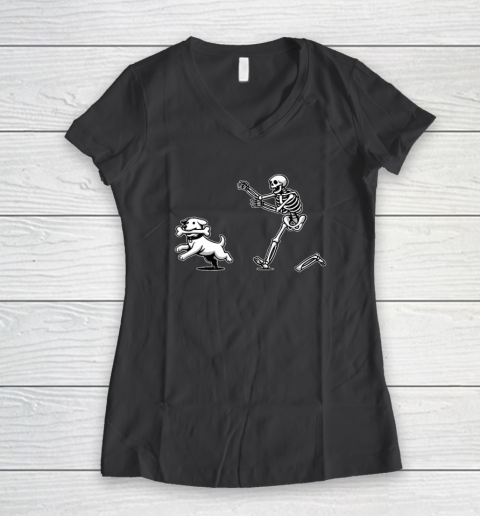 Halloween Dog, Funny Skeleton, Skeleton Chasing Dog Women's V-Neck T-Shirt 4