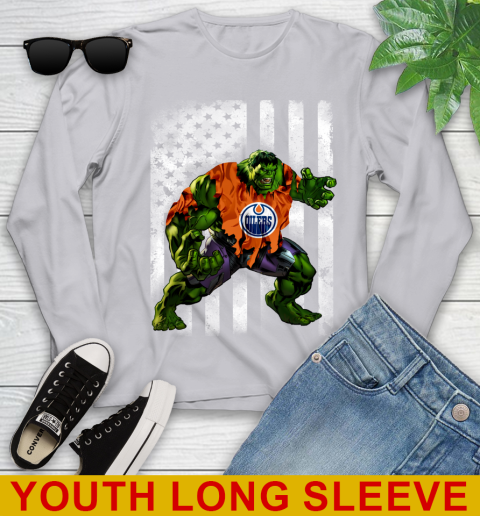 Edmonton Oilers Hulk Marvel Avengers NHL Hockey American Flag Youth Long Sleeve 5