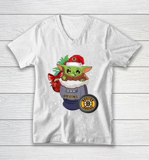 Boston Bruins Christmas Baby Yoda Star Wars Funny Happy NHL V-Neck T-Shirt 2