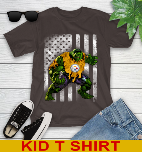 Pittsburgh Steelers Hulk Marvel Avengers NFL Football American Flag Youth T-Shirt 6