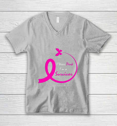 Womens Butterfly I Wear Pink I m A Survivor Breast Cancer Awareness V-Neck T-Shirt 3