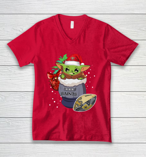 New Orleans Saints Christmas Baby Yoda Star Wars Funny Happy NFL V-Neck T-Shirt 7
